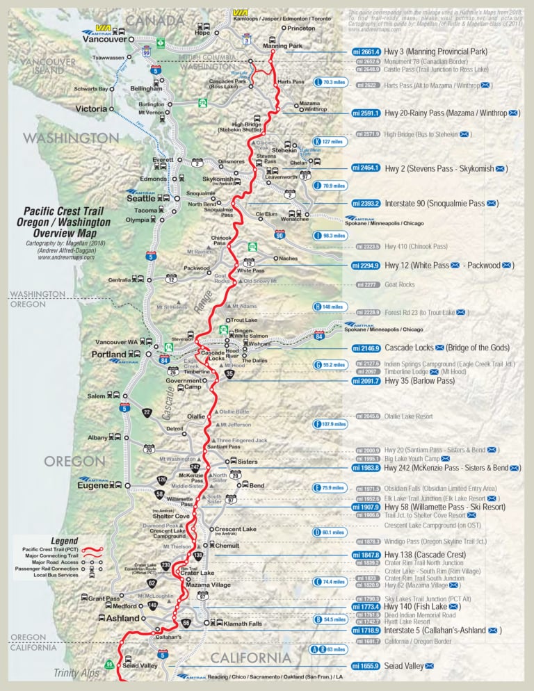 PCT Resupply Towns And Locations Pacific Crest Trail Association   PCT Overview Map On 2 Pages By Magellan Pg2.v.1.2018 768x994 